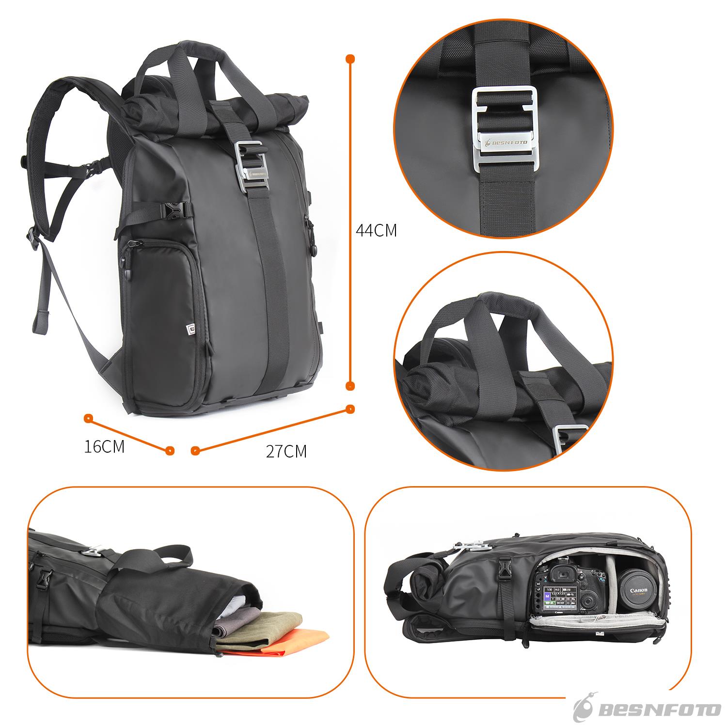 Calibre kvalitet Undertrykkelse Photography Camera Backpack Rolltop BFA-1001